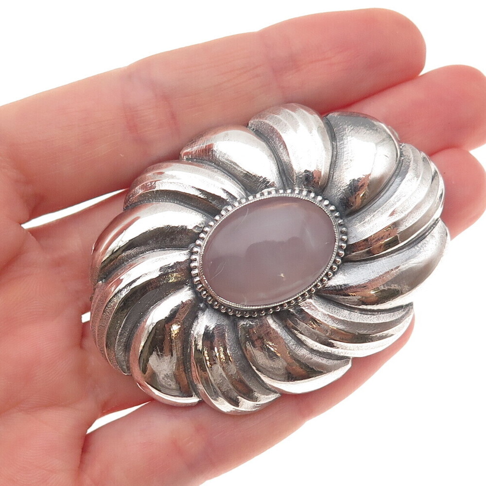 925 Sterling Silver Vintage Real Rose Quartz Modernist Oxidized Pin Brooch